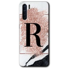 Oppo A91 Pembe Mermer Desenli R Harfi Baskılı Uyumlu Silikon Kılıf