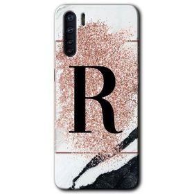 Oppo A91 Pembe Mermer Desenli R Harfi Baskılı Uyumlu Silikon Kılıf