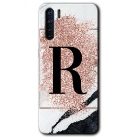 Oppo A91 Pembe Mermer Desenli R Harfi Baskılı Uyumlu Silikon Kılıf