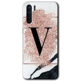 Oppo A91 Pembe Mermer Desenli V Harfi Baskılı Uyumlu Silikon Kılıf