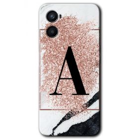 Oppo A96 Pembe Mermer Desenli A Harfi Baskılı Uyumlu Silikon Kılıf