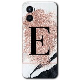 Oppo A96 Pembe Mermer Desenli E Harfi Baskılı Uyumlu Silikon Kılıf
