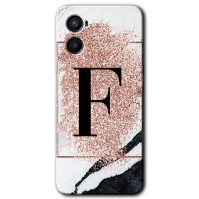 Oppo A96 Pembe Mermer Desenli F Harfi Baskılı Uyumlu Silikon Kılıf