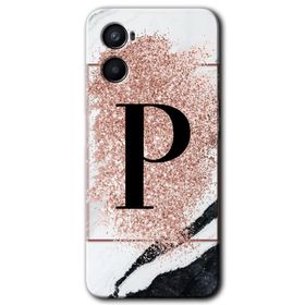 Oppo A96 Pembe Mermer Desenli P Harfi Baskılı Uyumlu Silikon Kılıf