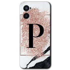 Oppo A96 Pembe Mermer Desenli P Harfi Baskılı Uyumlu Silikon Kılıf