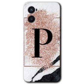 Oppo A96 Pembe Mermer Desenli P Harfi Baskılı Uyumlu Silikon Kılıf