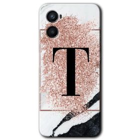 Oppo A96 Pembe Mermer Desenli T Harfi Baskılı Uyumlu Silikon Kılıf
