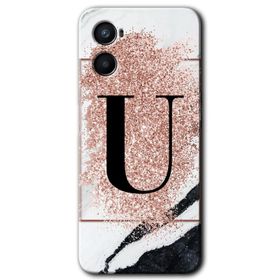 Oppo A96 Pembe Mermer Desenli T Harfi Baskılı Uyumlu Silikon Kılıf