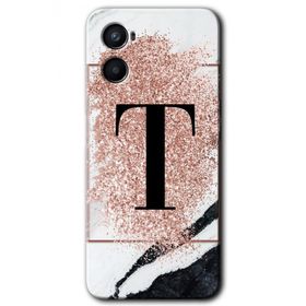Oppo A96 Pembe Mermer Desenli T Harfi Baskılı Uyumlu Silikon Kılıf