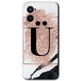 Oppo A96 Pembe Mermer Desenli Ü Harfi Baskılı Uyumlu Silikon Kılıf