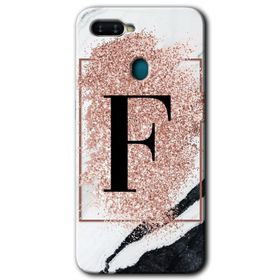 Oppo AX7 Pembe Mermer Desenli F Harfi Baskılı Uyumlu Silikon Kılıf