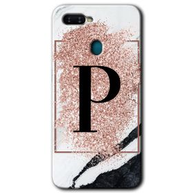 Oppo AX7 Pembe Mermer Desenli P Harfi Baskılı Uyumlu Silikon Kılıf