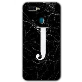 Oppo AX7 Siyah Mermer Desenli J Harfi Baskılı Uyumlu Silikon Kılıf