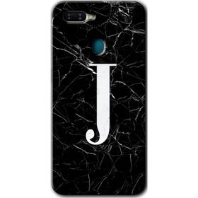 Oppo AX7 Siyah Mermer Desenli J Harfi Baskılı Uyumlu Silikon Kılıf