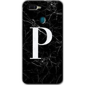 Oppo AX7 Siyah Mermer Desenli P Harfi Baskılı Uyumlu Silikon Kılıf