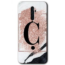 Oppo Reno 2Z Pembe Mermer Desenli C Harfi Baskılı Uyumlu Silikon Kılıf