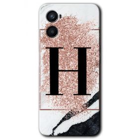 Oppo Reno 3 Pembe Mermer Desenli H Harfi Baskılı Uyumlu Silikon Kılıf