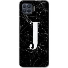 Oppo Reno 4 Lite Siyah Mermer Desenli J Harfi Baskılı Uyumlu Silikon Kılıf