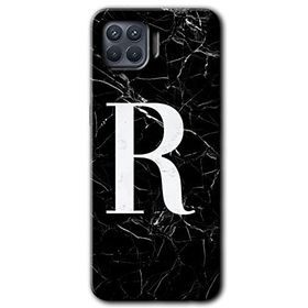 Oppo Reno 4 Lite Siyah Mermer Desenli R Harfi Baskılı Uyumlu Silikon Kılıf