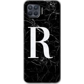 Oppo Reno 4 Lite Siyah Mermer Desenli R Harfi Baskılı Uyumlu Silikon Kılıf