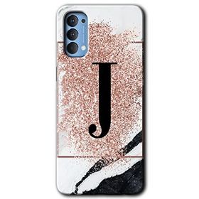 Oppo Reno 4 Pembe Mermer Desenli J Harfi Baskılı Uyumlu Silikon Kılıf