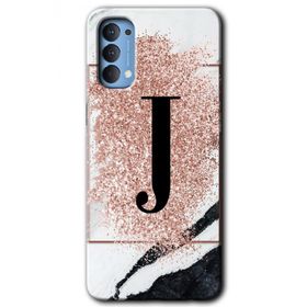 Oppo Reno 4 Pembe Mermer Desenli J Harfi Baskılı Uyumlu Silikon Kılıf