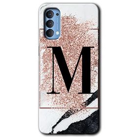 Oppo Reno 4 Pembe Mermer Desenli M Harfi Baskılı Uyumlu Silikon Kılıf