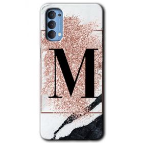 Oppo Reno 4 Pembe Mermer Desenli M Harfi Baskılı Uyumlu Silikon Kılıf