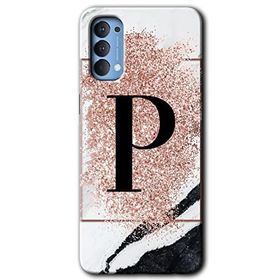 Oppo Reno 4 Pembe Mermer Desenli P Harfi Baskılı Uyumlu Silikon Kılıf