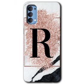 Oppo Reno 4 Pembe Mermer Desenli R Harfi Baskılı Uyumlu Silikon Kılıf