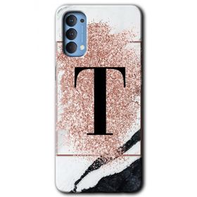 Oppo Reno 4 Pembe Mermer Desenli T Harfi Baskılı Uyumlu Silikon Kılıf