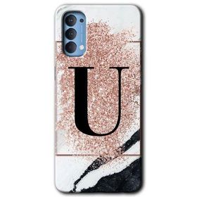 Oppo Reno 4 Pembe Mermer Desenli U Harfi Baskılı Uyumlu Silikon Kılıf