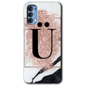 Oppo Reno 4 Pembe Mermer Desenli U Harfi Baskılı Uyumlu Silikon Kılıf