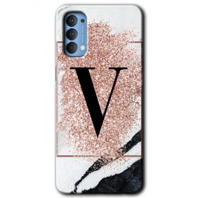 Oppo Reno 4 Pembe Mermer Desenli V Harfi Baskılı Uyumlu Silikon Kılıf