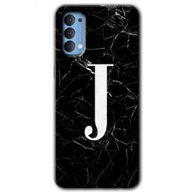 Oppo Reno 4 Siyah Mermer Desenli J Harfi Baskılı Uyumlu Silikon Kılıf