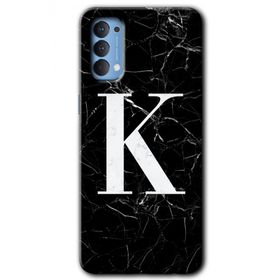 Oppo Reno 4 Siyah Mermer Desenli K Harfi Baskılı Uyumlu Silikon Kılıf