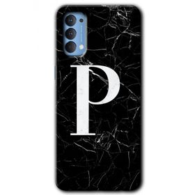 Oppo Reno 4 Siyah Mermer Desenli P Harfi Baskılı Uyumlu Silikon Kılıf