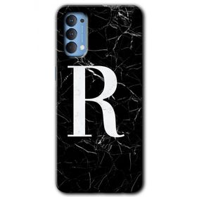 Oppo Reno 4 Siyah Mermer Desenli R Harfi Baskılı Uyumlu Silikon Kılıf