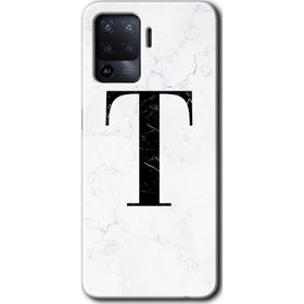 Oppo Reno 5 Lite Beyaz Mermer Desenli T Harfi Baskılı Uyumlu Silikon Kılıf