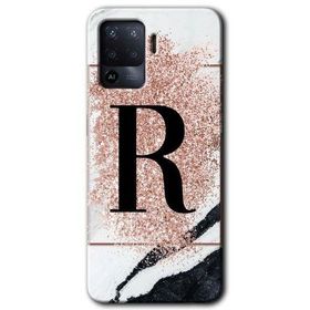 Oppo Reno 5 Lite Pembe Mermer Desenli R Harfi Baskılı Uyumlu Silikon Kılıf