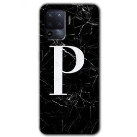 Oppo Reno 5 Lite Siyah Mermer Desenli P Harfi Baskılı Uyumlu Silikon Kılıf