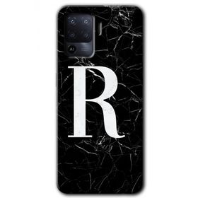 Oppo Reno 5 Lite Siyah Mermer Desenli R Harfi Baskılı Uyumlu Silikon Kılıf