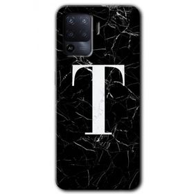 Oppo Reno 5 Lite Siyah Mermer Desenli T Harfi Baskılı Uyumlu Silikon Kılıf