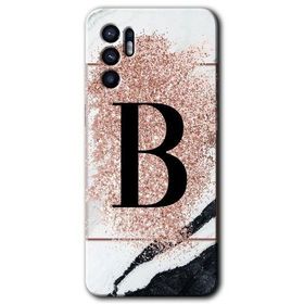 Oppo Reno 6 Pembe Mermer Desenli B Harfi Baskılı Uyumlu Silikon Kılıf