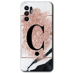 Oppo Reno 6 Pembe Mermer Desenli C Harfi Baskılı Uyumlu Silikon Kılıf