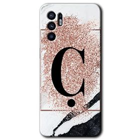 Oppo Reno 6 Pembe Mermer Desenli C Harfi Baskılı Uyumlu Silikon Kılıf