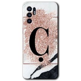 Oppo Reno 6 Pembe Mermer Desenli C Harfi Baskılı Uyumlu Silikon Kılıf