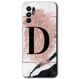 Oppo Reno 6 Pembe Mermer Desenli D Harfi Baskılı Uyumlu Silikon Kılıf