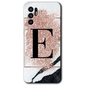 Oppo Reno 6 Pembe Mermer Desenli E Harfi Baskılı Uyumlu Silikon Kılıf