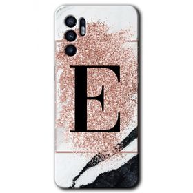 Oppo Reno 6 Pembe Mermer Desenli E Harfi Baskılı Uyumlu Silikon Kılıf
